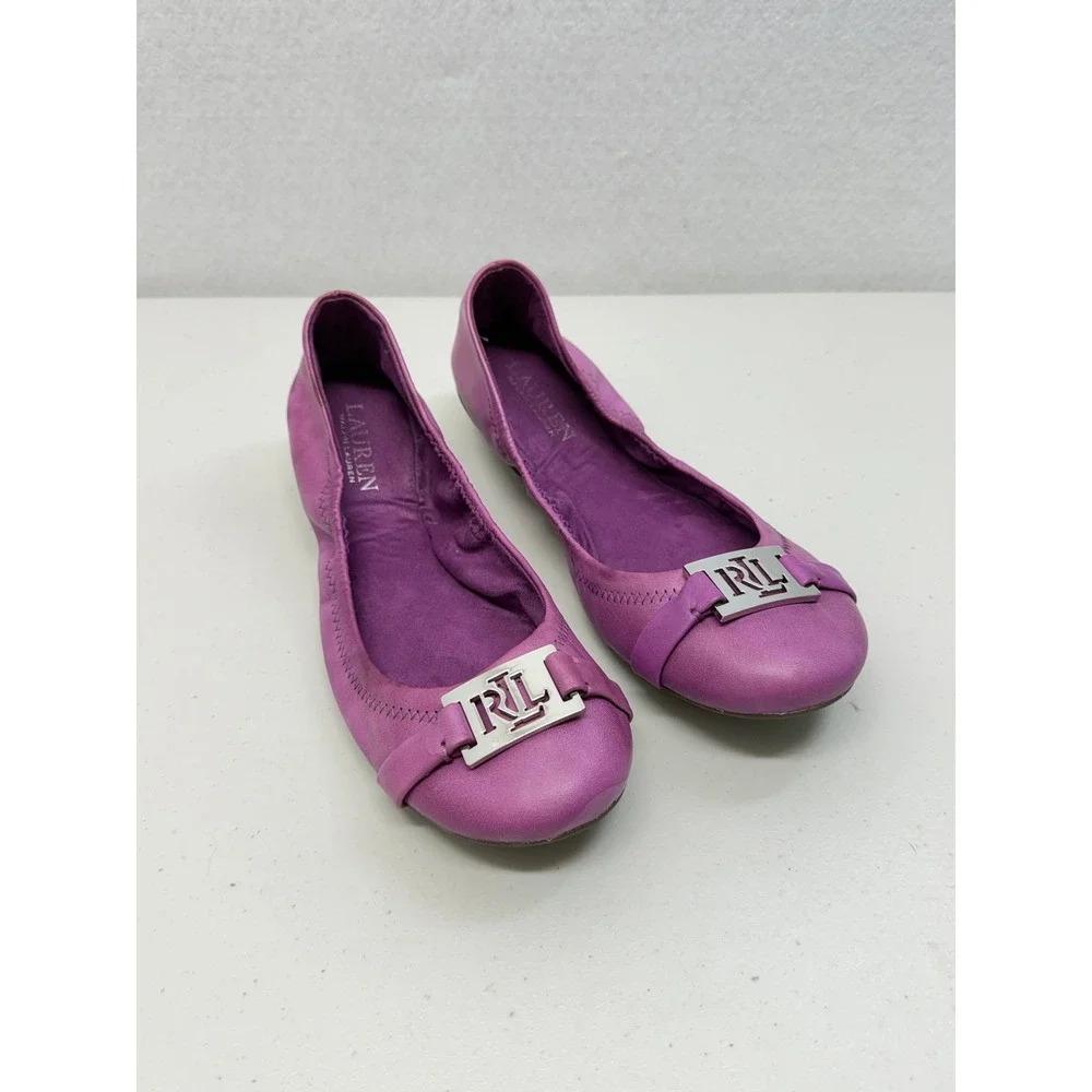 Ralph Lauren Purple Genuine Leather Ballet Flats Silver Buckle Size 9.5 B